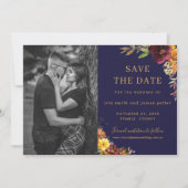 バーガンディ オレンジ フラワール 保存日付カード 招待状 (正面)