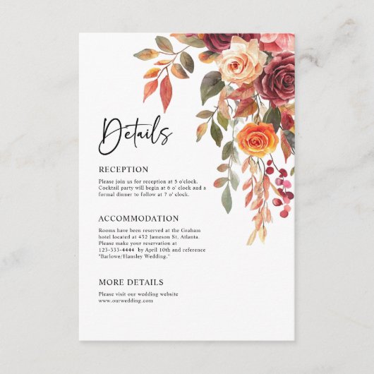 バーガンディ オレンジ 秋のエレガントな結婚式の詳細 エンクロージャーカード (正面)