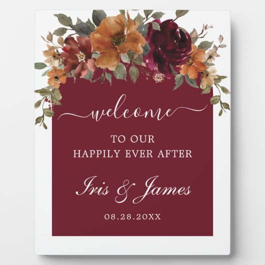 バーガンディ オレンジ 花のアーチ ウェディング ウェルカム フォトプラーク (正面)