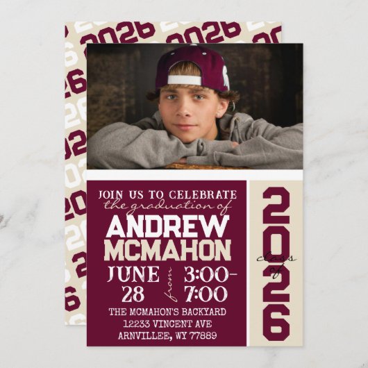 バーガンディ&クリームタン卒業写真招待状 招待状 (正面/裏面)