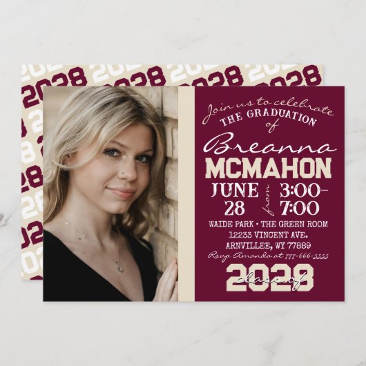 バーガンディ&クリームタン卒業写真招待状 招待状 (正面/裏面)