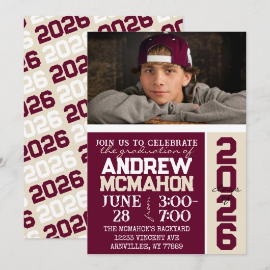バーガンディ & クリームタン 卒業写真招待状 招待状 (正面/裏面)