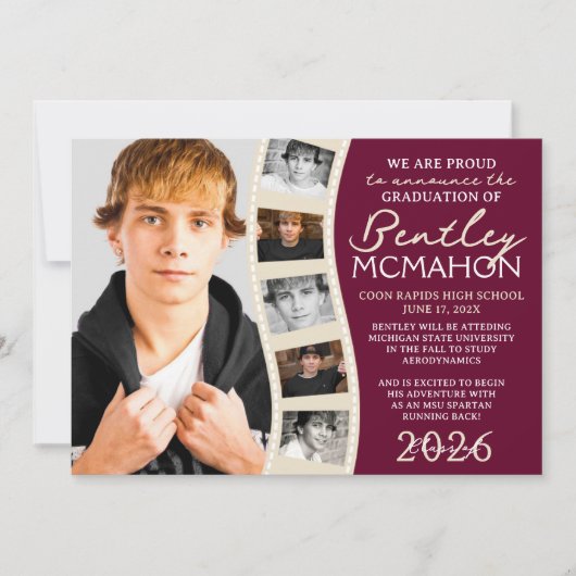 バーガンディ&クリームフォトフィルムストリップグラッドアナウンスメント 招待状 (正面)