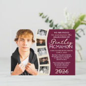 バーガンディ&クリームフォトフィルムストリップグラッドアナウンスメント 招待状 (スタンド正面)