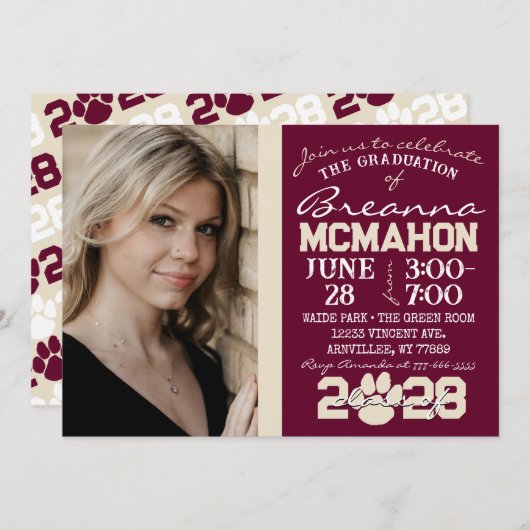 バーガンディ&クリームポープリント卒業写真 招待状 (正面/裏面)