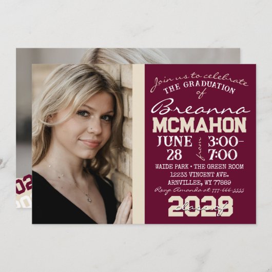 バーガンディ&クリーム卒業2フォト招待状 招待状 (正面/裏面)