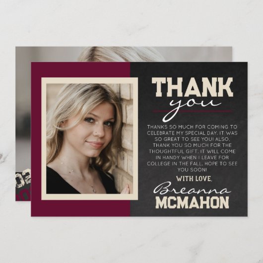バーガンディ&クリーム卒業2写真サンキューカード 招待状 (正面/裏面)