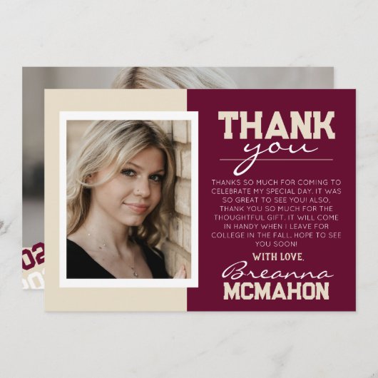 バーガンディ&クリーム卒業2写真サンキューカード 招待状 (正面/裏面)