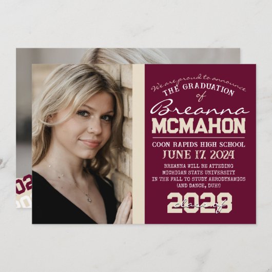 バーガンディ&クリーム卒業2写真発表 招待状 (正面/裏面)