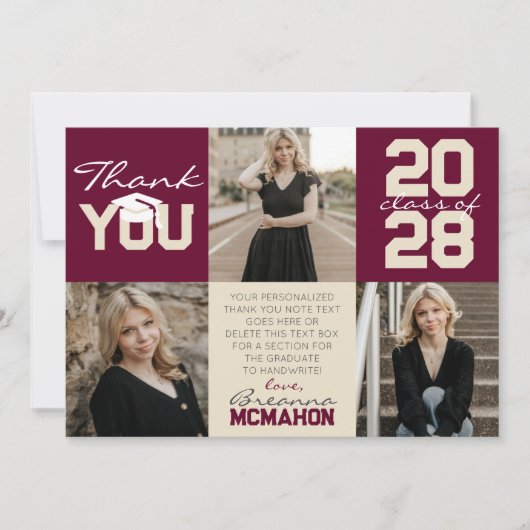 バーガンディ&クリーム3写真卒業 招待状 (正面)