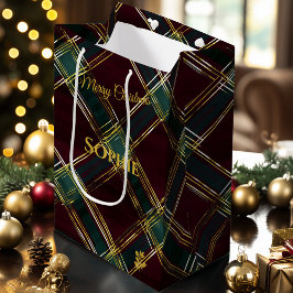 バーガンディ、グリーン、イエロークリスクロスプレイドカスタム ミディアムペーパーバッグ