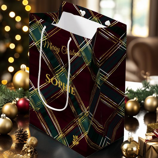 バーガンディ、グリーン、イエロークリスクロスプレイドカスタム ミディアムペーパーバッグ