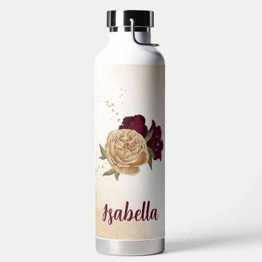 バーガンディ グリーン ベージュ ゴールド ボタニカル ウォーターボトル (左面)