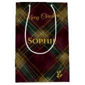 バーガンディ、グリーン、金ゴールド十字型の格子模様のクリスマス ミディアムペーパーバッグ (正面)