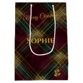 バーガンディ、グリーン、金ゴールド十字型の格子模様のクリスマス ミディアムペーパーバッグ (裏面)