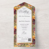 バーガンディ&ゴールドのジュエル フローラル グリーン QR コード オールインワン招待状 (内側)