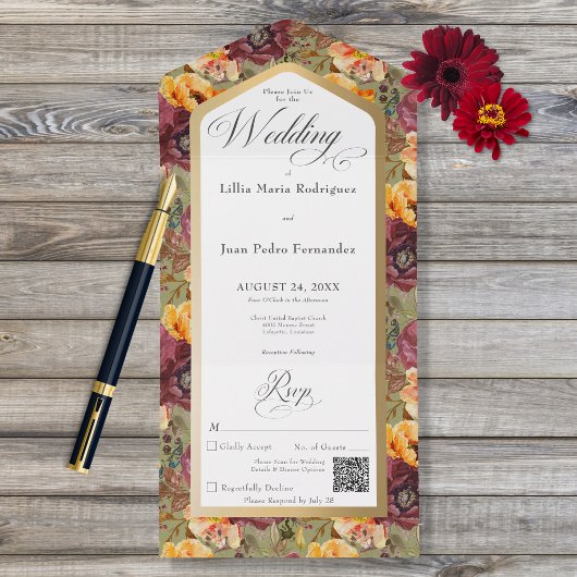 バーガンディ&ゴールドのジュエル フローラル グリーン QR コード オールインワン招待状