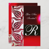 バーガンディ ゴールドの赤いベルベット ダマスク チューリップ モノグラム 招待状 (正面/裏面)