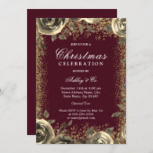 バーガンディ＆ゴールドスパークルグリッタークリスマスパーティー 招待状 (正面/裏面)