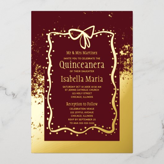 バーガンディ&ゴールドフォイルキンセアニラ招待状ボウ 箔シーズンカード (正面)