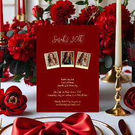 バーガンディ&ゴールドフォイル写真30th Birthday 箔招待状