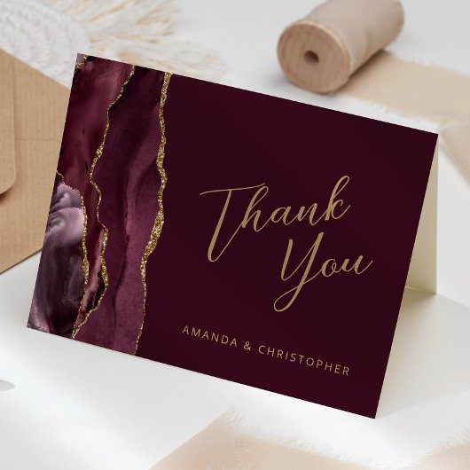 バーガンディ ゴールド アゲート スクリプト ウェディング サンクス カード