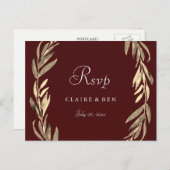 バーガンディ ゴールド リーフ wreath ウェディング RSVP ポストカード (正面/裏面)