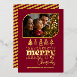 バーガンディ＆ゴールド レトロ ドゥードル クリスマス フォト 箔シーズンカード