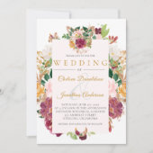 バーガンディ、サフラン、ピンクの水彩フローラ枠 招待状 (正面)