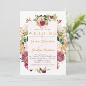 バーガンディ、サフラン、ピンクの水彩フローラ枠 招待状 (スタンド正面)