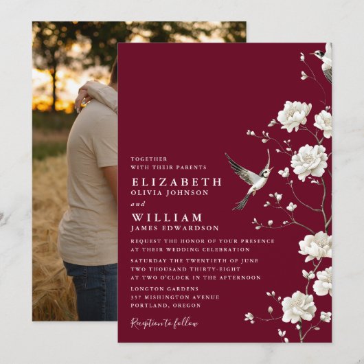 バーガンディ シノワズリー フラワーデザイン ガーデン ウェディング フォト 招待状 (正面/裏面)