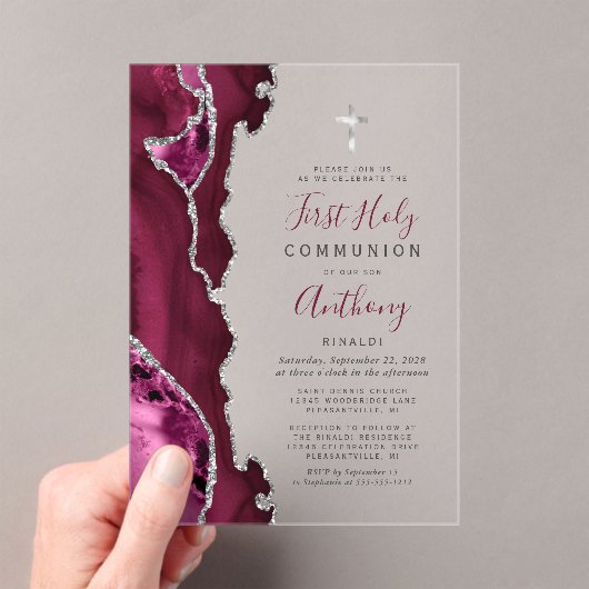 バーガンディ・シルバーが最初の聖餐式を開く アクリル招待状 (インサイチュ (ポータブル))