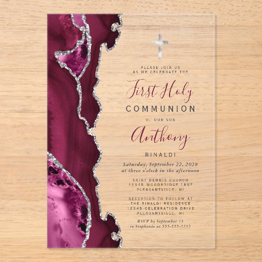 バーガンディ・シルバーが最初の聖餐式を開く アクリル招待状 (正面)