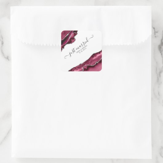 バーガンディ&シルバーアゲート縁どたった今結婚しました スクエアシール (バッグ)