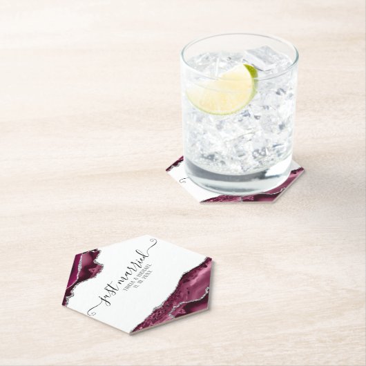 バーガンディ&シルバーアゲート縁どたった今結婚しました ペーパーコースター (インサイチュ)