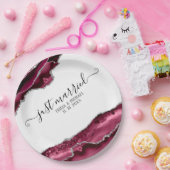 バーガンディ&シルバーアゲート縁どたった今結婚しました ペーパープレート (パーティー)