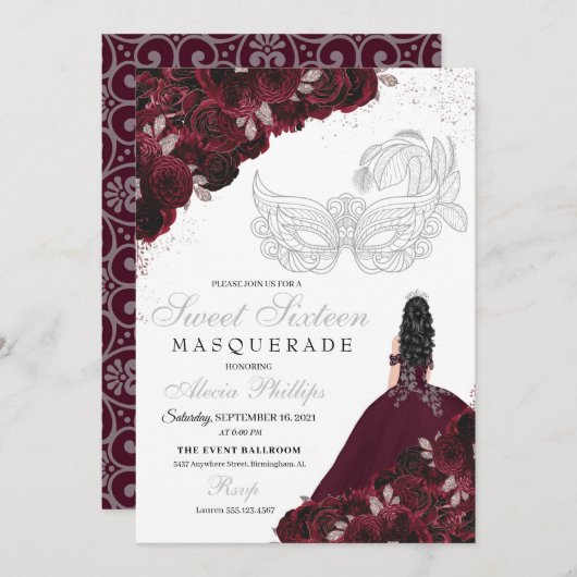 バーガンディ&シルバーグリッタースウィート16マスカレード 招待状 (正面/裏面)