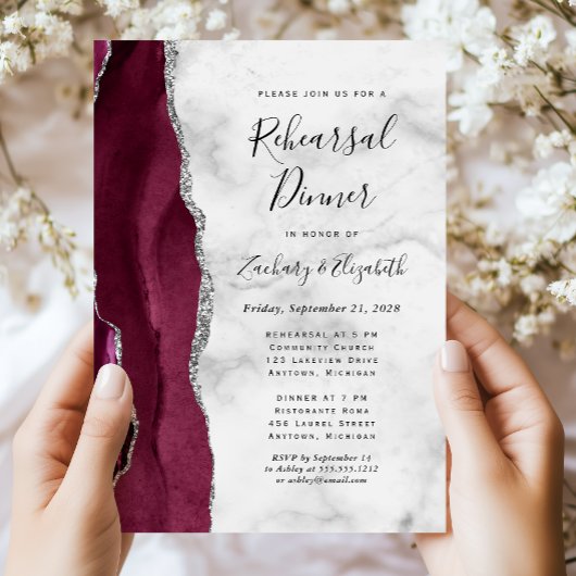 バーガンディ・シルバー結婚・アゲートのリハーサル・ディナー 招待状