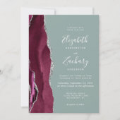 バーガンディ シルバー アゲート サージ グリーン QR コード ウェディング 招待状 (正面)