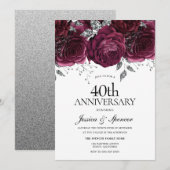 バーガンディ＆シルバー フラワー 40周年結婚記念日 招待状 (正面/裏面)