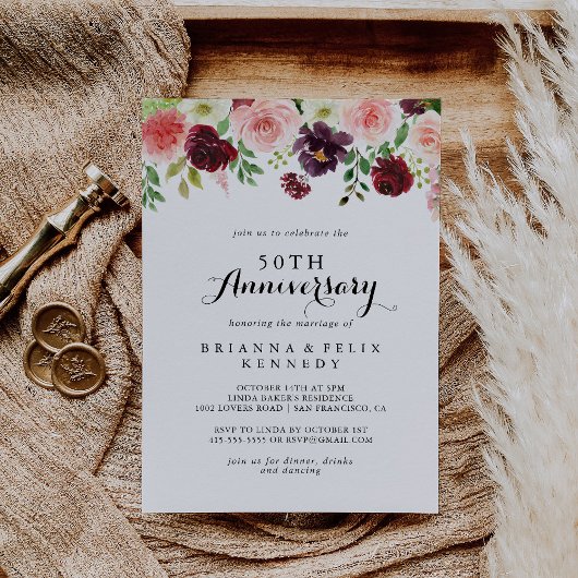 バーガンディ スプリング フローラル 50周年 結婚記念日 招待状