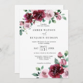 バーガンディ＆ダスティローズピンクの花飾りマロンウェディング 招待状 (正面/裏面)