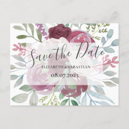 バーガンディ & ダスティーブルーの水彩画 Save The Date 案内ポストカード