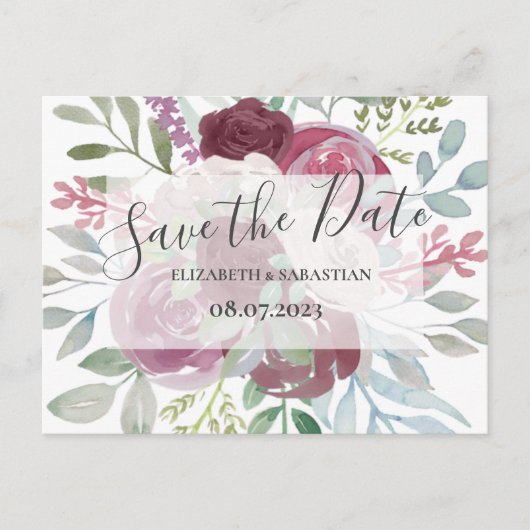 バーガンディ & ダスティーブルーの水彩画 Save The Date 案内ポストカード (正面)
