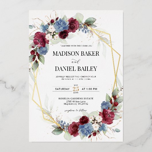 バーガンディ ダスティーブルー フラワー ジオメトリック 箔招待状 (正面)