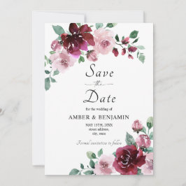 バーガンディ&ダスティーローズの花の結婚式 Save The Date 招待状