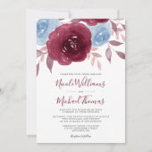 バーガンディ·ダスティ·ブルー·ウォーターカラー·結婚フローラズ 招待状 (正面)
