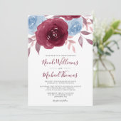 バーガンディ·ダスティ·ブルー·ウォーターカラー·結婚フローラズ 招待状 (スタンド正面)