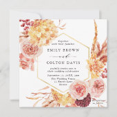 バーガンディ テラコッタ ゴールド フローラル ウェディング スクエア 招待状 (正面)