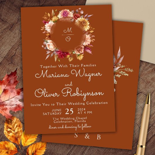 バーガンディ テラコッタ フラワーリング ウェディング 招待状